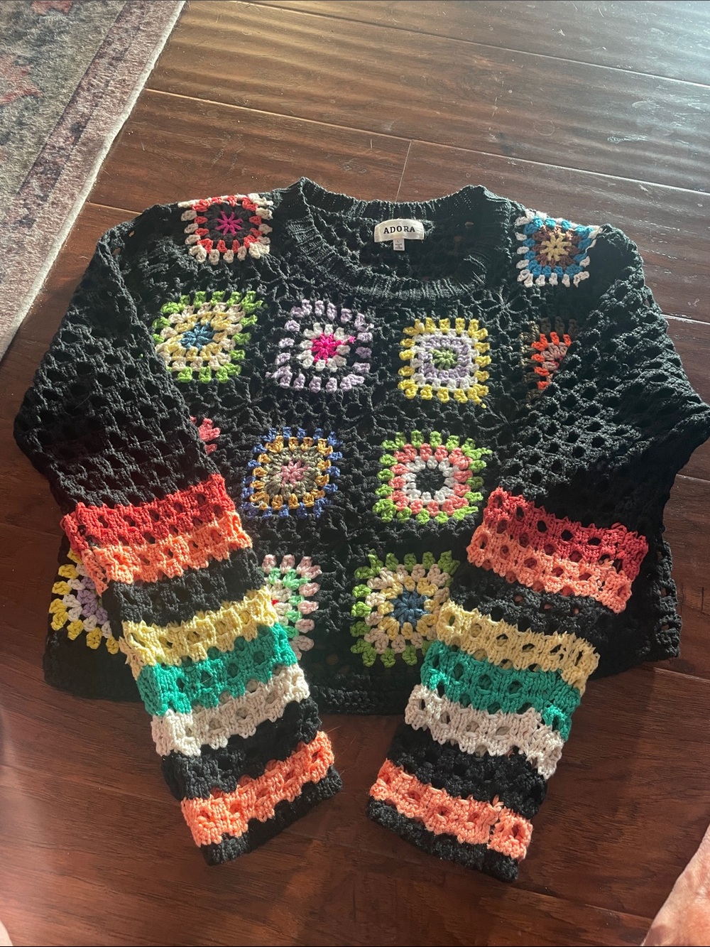 ADORA Black Crochet Sweater with Rainbow Granny Squares